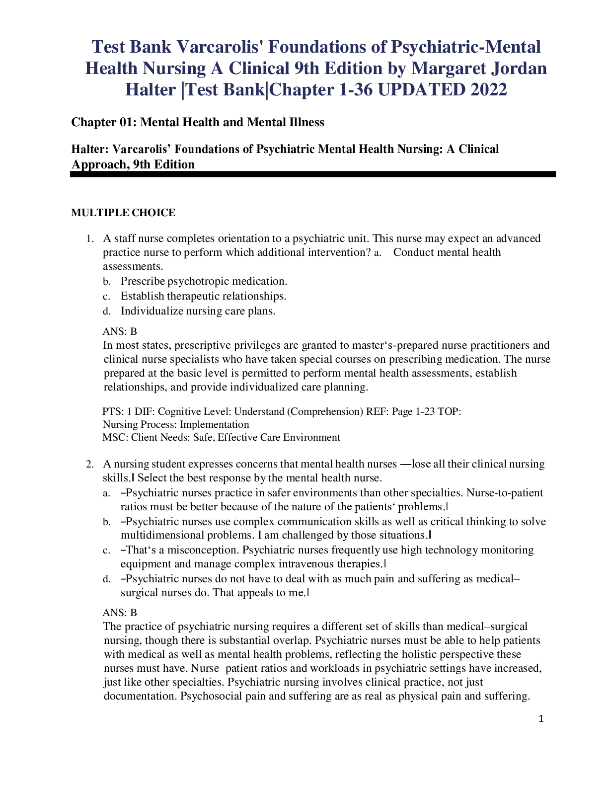 Preview image for Test Bank Varcarolis' Foundations of Psychiatric-Mental Health Nursing A Clinical 9th Edition by Margaret Jordan Halter |Test Bank|Chapter 1-36 UPDATED 2022